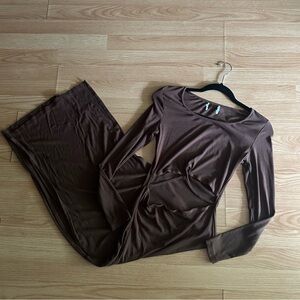 Brown Cut Out Ribbed Long Sleeve Slit Long Dress Medium